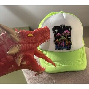 Psychedelic Mushroom Fluorescent Green Trucker Hat, Mesh Snapback